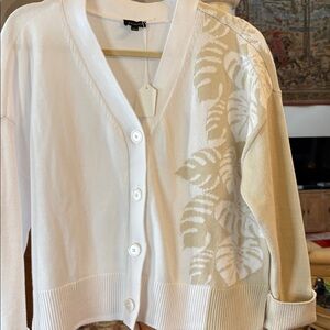 Talbots Cotton Tan White Cardigan